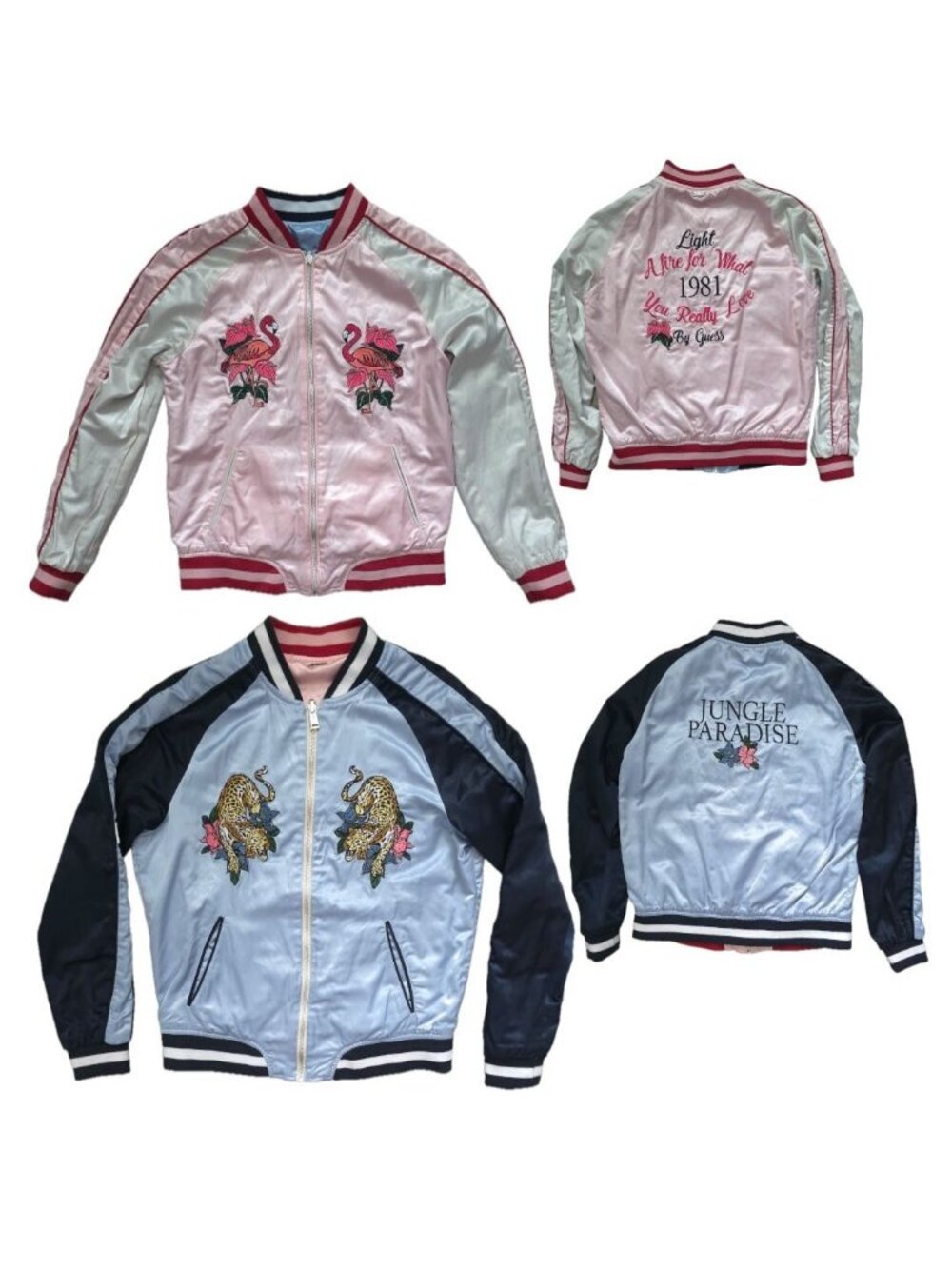 Guess Shirley Reversible Embroidered Tiger & Flamingo Satin Bomber Jacket Sz M